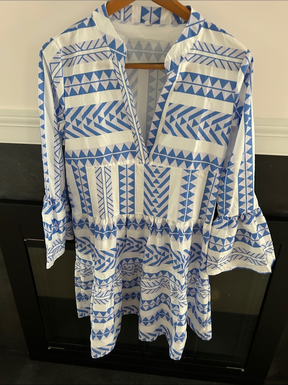 Blue and White Printed V-Neck Tunic Dress